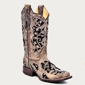 WOMEN'S BLACK GLITTER INLAY COWBOY BOOTS